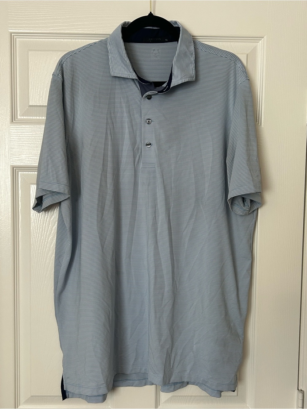 Greyson Men's XL Blue Striped Lightweight Polyester Golf Logo Short Sleeve Polo